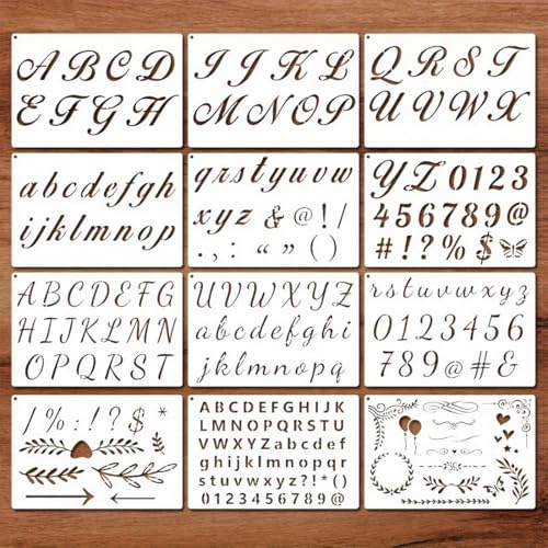 DHJWDUX 12 Pezzi, Stencil Lettere e Numeri, Stencil per Scrivere e Disegnare, Perfetto per Bambini, Scrapbooking, Diario e Apprendimento Artistico