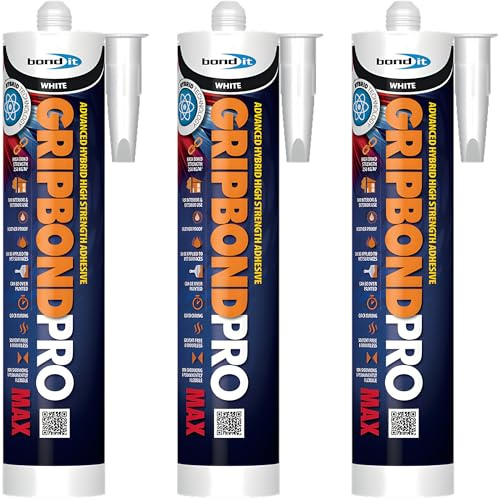 Bond It Gripbond Pro Max White Pack 3 x 285ml – Hybrid Grab Adhesive Extra Strong, Instant Grab Construction Adhesive for Wood, Concrete, Panels, Skirting Boards, Interior & Exterior Use