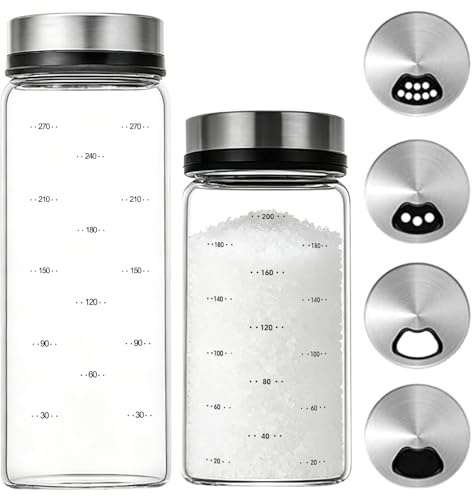 2 pcs Salt Shakers 200ml+300ml - Clear Heat-Resistant Glass Seasoning Shakers with 4 Adjustable Pour Holes Rotating Lid, Moisture Resistant Dispenser Seasoning Bottle for Kitchen Farmhouse BBQ Camping