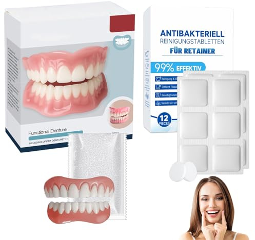 Complete Dentures Teeth Top and Bottom Kit, Customizable False Teeth Set Full Dentures with Cleaning Tablets, Comfort-Fit for Women Men