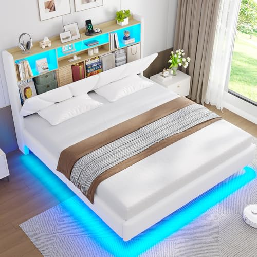 Brinlawb Schwebebett Polsterbett 180x200 cm mit LED-Beleuchtung und Ladestation (2 Steckdosen, 1 USB-A, 1 USB-C) Polsterkopfteil mit offenem Regal und verstecktem Stauraum, Doppelbett 180x200 cm, Weiß