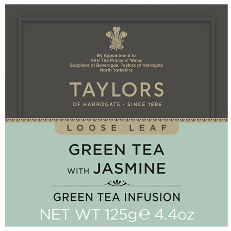 Taylors of Harrogate Green Jasmine, Löst Te, Burk 125 g | Grönt Te med Jasmin, Mjukt och Blommigt i Aromen, Delikat Uppfriskande Smak, Ansvarsfullt Inköpt sedan 1886