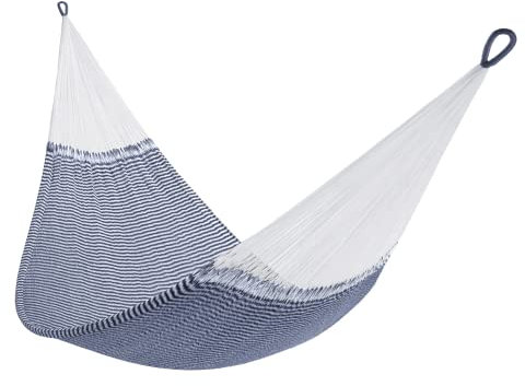 Handwoven Hammock by Yellow Leaf Hammocks - Family Size, Fits 2+ PPL, 550lb max - Weathersafe, Super Strong, Easy to Hang, Ultra Soft, Artisan Made - Color: Stripe Navy Blue - White