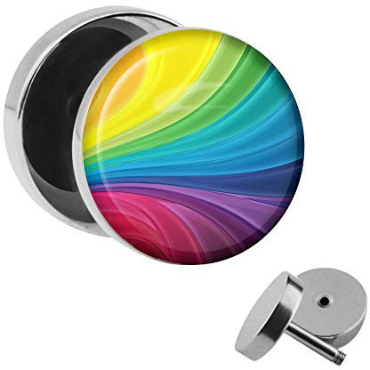 Treuheld | Ohrstecker zum Schrauben - bunter REGENBOGEN - Motiv Fake-Plug Ø 10mm Silber - Edel-Stahl Ohr-Ringe - Chirurgen-Stahl 316L Fake-Tunnel - Gewinde Ohr-Stecker - Raibow - rot, grün, blau, gelb