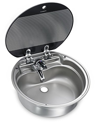 DOMETIC SNG 420 Spüle mit Glasabdeckung – Rundes Edelstahl-Waschbecken Ø 42 cm für Wohnmobil & Caravan – Kompakte Einbauspüle mit Deckel für Campingküche
