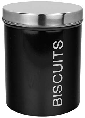 Harbour Housewares Round Metal Biscuit Tin - Black - 14cm - Kitchen Biscuit Barrel Box Storage Canister Cookie Jar Caddy Container with Rubber Airtight Lid