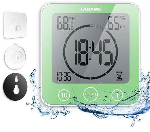 KADAMS Shower Clock Waterproof Bathroom Timer – Digital Wall Clock with Countdown, Magnetic Kitchen Clock with Temperature & Humidity, Suction Cup for Kids Shower Spa Cook Bath (Green)