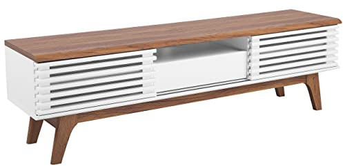 Beliani Modern TV Unit Sliding Doors 1 Drawer Slatted Front White Dark Brown Detroit