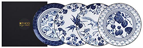 TOKYO design studio Flora Japonica 4-er Teller-Set blau-weiß, Ø 16 cm, ca. 2 cm hoch, asiatisches Porzellan, Japanisches Blumen-Design, inkl. Geschenk-Verpackung