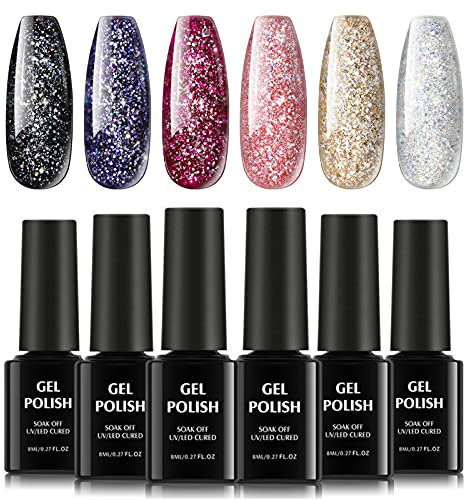 TOMICCA UV Nagellack Glitzer Gel Nagelgel Set 6 x 8ml, Farbwechsel Gel Sternen Glitter Nail Gel Polish Kit, Lack UV Farbgel Set für Nagel Design
