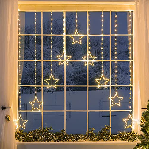 CHRISTOW Christmas Curtain Lights for Windows, 9 Star String Light Decoration, 325 Warm White Micro LEDs, Indoor Outdoor Home Garden Xmas Lighting, Mains Powered with 5m Cable (H1.2m x W1.2m)