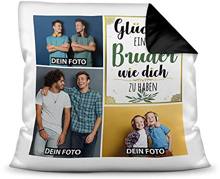 Print Royal Kissen mit Füllung - Fotocollage selbst gestalten mit Spruch für Bruder - GLÜCK - mit DREI eigenen Fotos - Geschenkidee Fotokissen - Farbkissen Rückseite Schwarz