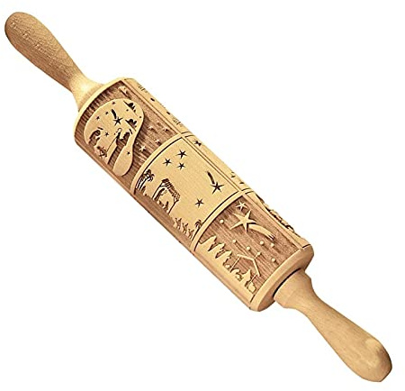 Krippe Präge Nudelholz - Weihnachten Geprägt Teigroller - 3D Holz Nudelholz mit Weihnachten Symbole - Teigrolle Muster Prägerolle - DIY Küchenwerkzeug Backzubehör für Backen Kekse Gebäck