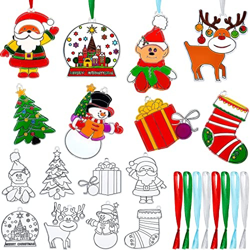 16 Stück Weihnachten Fenster Suncatcher Weihnachten Sonnenfänger Süß Christbaumkugel Sonnenfänger Acryl Gemischte Farbe Satinbänder für Weihnachtsbedarf (Niedlicher Stil, 3 bis 4 Zoll)