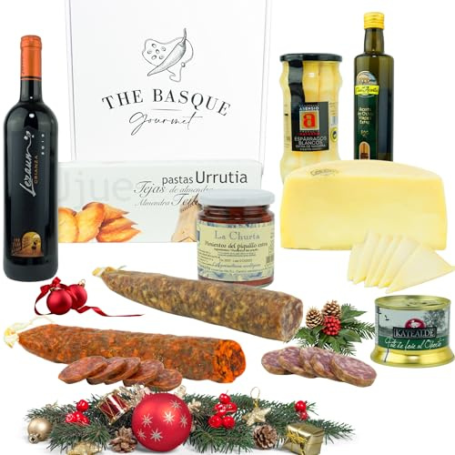 THE BASQUE gourmet- Cesta para Regalar - Lote Delicatessen de Productos de Euskal Herria - Queso Idiazabal, Pate, Chorizo, Espárragos de Navarra, Pimientos del Piquillo