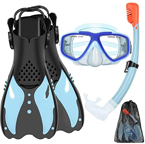 KUYOU Youth Snorkel Set for Ages 7-16, Snorkeling Gear for Kids with Panoramic View Diving Mask Anti-Fog Anti-Leak, Full Dry Top Snorkel, Fins and Travel Bag for Swimming, Snorkeling (Sea Sky Blue)