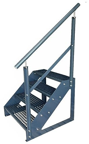 Kaminbau Mierzwa Premium Treppe Freistehend 4 Stufen Anthrazit Geländer Rechts (Breite 800 mm) (Höhe 76cm) (Wangen: Anthrazit) (Stufen: Anthrazit)