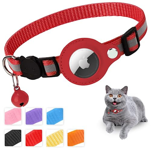 Mouyou Airtag Katzenhalsband,Airtag Halsband Katze Weiches Nylon Reflektierend mit Glocke und Sicherheitsverschluss,Tracking Katzen Halsband mit Halter Airtag Hülle Verstellbar von 22-34cm Rot
