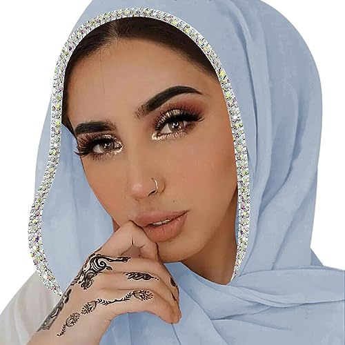 ANKOMINA Women Soft Chiffon Rhinestone Long Scarf Shawl Fashion Muslim Hijab Head Wrap Scarves, Light Blue(silver Rhinestone), One Size