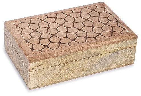 Ajuny Caja Joyero de Madera de Mango 8x5 Pulgadas, Estilo Vintage Tallado a Mano, Organizador Decorativo para Pendientes, Anillos, Collares y Pulseras, Caja de Almacenamiento de Joyas