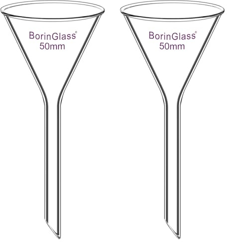 BorinGlass 2er-Pack Glas-Trichter mit kurzem Stiel, Filtertrichter aus Borosilikatglas für das Labor, 50 mm Durchmesser und Stiellänge