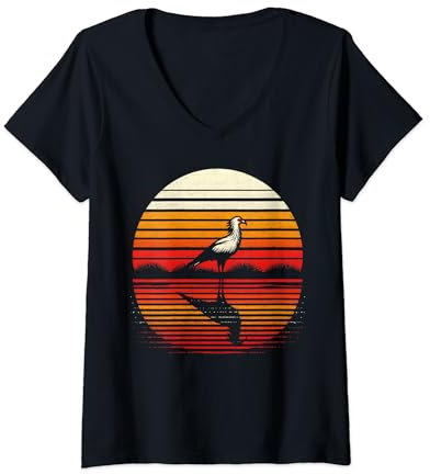 Damen Sekretär Vogel Sonnenuntergang Retro Stil Safari Vintage 70er Jahre T-Shirt mit V-Ausschnitt