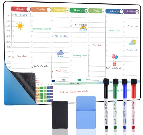 POPRUN veckoplanerare whiteboard A3 familjekalender för vägg och kylskåp, självhäftande tidsplatserkalender 42 x 28 cm