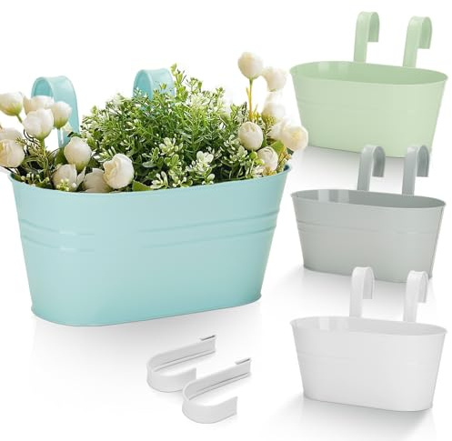 KINGLAKE 4Pcs Metal Hanging Plant Pots, 27cm Coloured Fence Hanging Planters Flower Pots Holder Large Balcony Planters for Railing Outdoor Garden Home Décor with Detachable Hooks (Macaron Color)