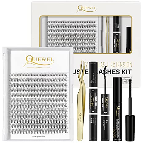 QUEWEL DIY Wimpern-Extensions Set, 144 Pcs Wimpern-Cluster, Applicator Tool, Super Hold Kleber und Versiegelung, Wimpernverlängerung(QU-RR-DH-10D-0.10D)
