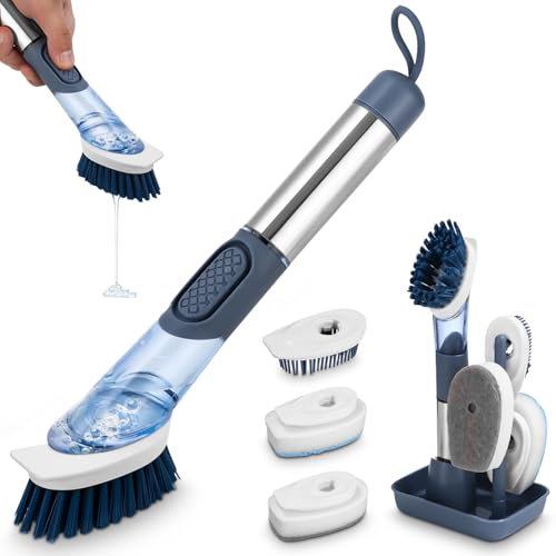LEAZZLE 27CM Spazzola per Piatti Cucina Set con 4 Multifunzione Testine Ricambio e Base di Stoccaggio, Spazzola Lavapiatti con Dispenser per Detersivo, Spazzola Lavaggio per Pentole Posate e Lavello