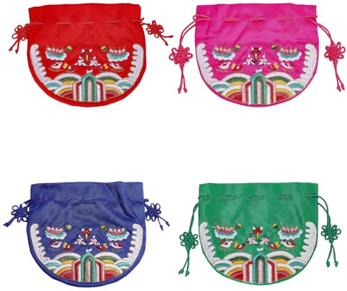 CHGCRAFT 4Pcs 4 Colors Traditional Korean Pouch Embroidered Drawstring Bags Half Round Cloth Packing Pouches for Wedding Candy Jewelry Bags