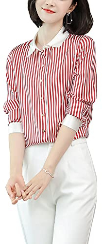 Valin Damen Rot Hemdbluse Seide Gestreifte Button Down Hemden Damenbluse Langarm Revers Seidenbluse,L,S9093