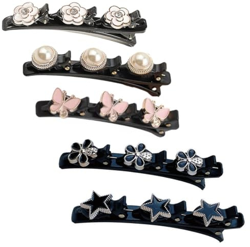 EIHI 5 Stück Haarspange mit 3 Clips - Kolibri Design, Kristallblume, Geflochtenes Doppelschicht für Damen, Frauen und Mädchen, Entenschnabel-Stil