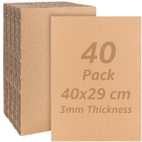 AKOLAFE 40 fogli di cartone ondulato naturale, spessore 3 mm, per fai da te, 40 x 29 cm, formato DIN A3, a tre livelli, carta da imballaggio liscia, per regali, imballaggi, fai da te (marrone)