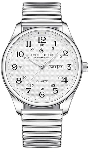FANMIS Ultra Thin Easy-to-Read Analog Watch for Seniors with Stainless Steel Expansion Band Large Numerals Waterproof Luminous Elastic Band Watch (Silver White Men)