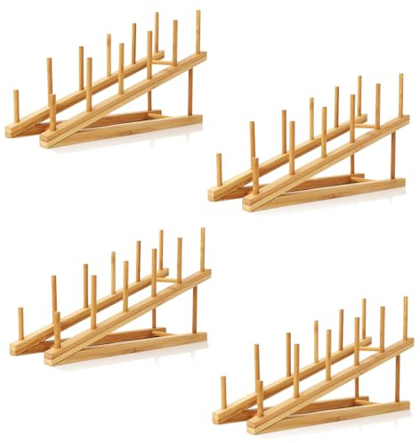 SITAKE 4pcs Tellerhalter Holz, Bambus Tellerständer, Hölzernes Geschirrregal, Display-Regal, Abtropfgestell Küche für Tasse, Schneidebrett, Schüssel, Teller, Topfdeckel