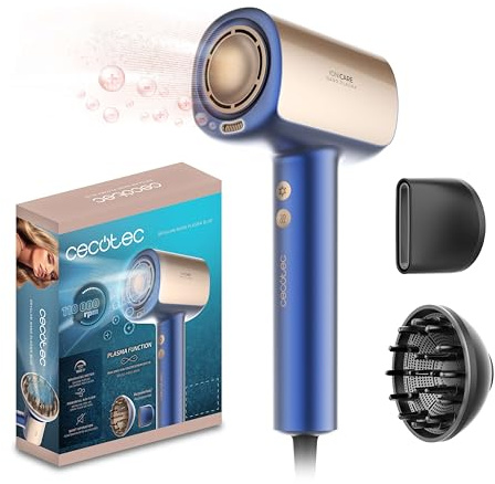 Cecotec Asciugacapelli Ionico Professionale DryGlam Nano Plasma Blue. BLDC Motore Brushless 1600W e 110.000RPM, Ioni Positivi/Negativi, Frizz Neutralizzato, Plasma, 3 Velocità, 2 Accessori