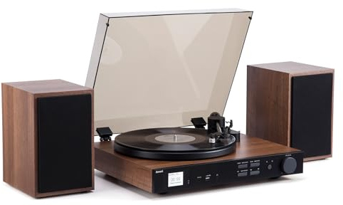 Arrari PR-102 All-in-One Plattenspieler mit DAB+/FM-Radio, drahtlosem 2-Geschwindigkeits-Vinylturntable, Carbonfaser-Tonarm, AT-3600L MM-Abtaster, Regallautsprechern