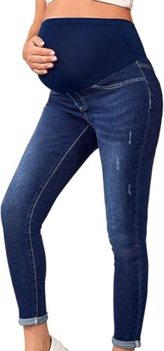 Jeans premaman skinny per donne incinte, pantaloni premaman lunghi, pantaloni premaman Destroyed Maternity Jeans Leggings per gravidanza (IT, Testo, XXL, Regular, Regular, Blu scuro)