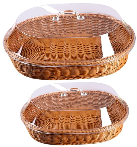 Lot de 2 corbeilles à pain avec couvercle, 2 tailles de paniers à pain en rotin, de forme ovale, organisateur de rangement pour servir des fruits et des légumes