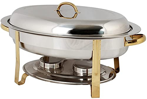 Stainless Steel Chafing Dish Buffet Warmer Set 6 L Oval Chafer Buffet Stove Tray with Food Pan, Water Pan, Frame, Lid And Fuel Holder for Catering Banquet,Gold (Gold)