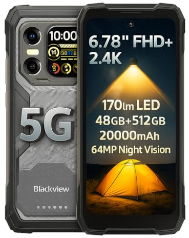 Blackview 5G AI Rugged Smartphone XPLORE 1, 48GB+512GB, 6.78'' FHD+ 2.4K Dual Displays, 170lm LED Flashlights, 64MP+50MP+20MP Night Vision, 20000mAh Battery, IP68 IP69K Outdoor Phone, NFC GPS Black