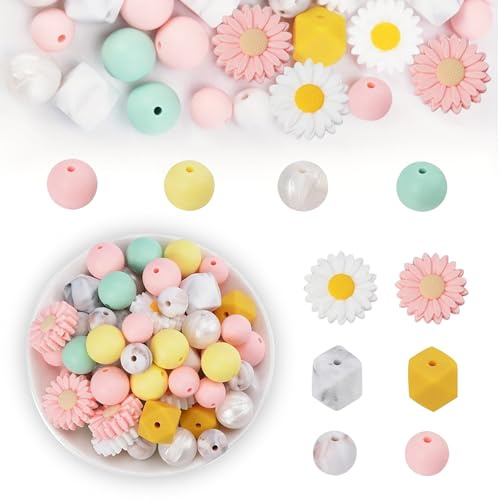 112 Stück Blumenförmige Silikonperlen, Silikon Perlen Selber Machen Set Rund Lose Gänseblümchen Bastelperlen für DIY Schlüsselanhänger Schmuckherstellung (7 Farbe)