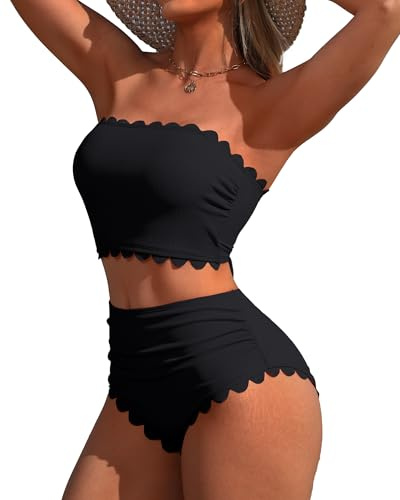 Charmo Bandeau Womens High Waisted Bikini Swimsuit Tummy Control Strapless Cute Swim Suit Full Coverage Bikinis Black L