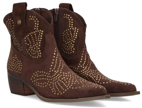 97436 Botin campero con Adorno de Tachuelas metalicas, Punta Fina y Tacon bajo. para la Temporada Otono Invierno. Ideal para Mujer. Marron Talla 37