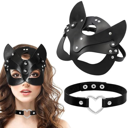 YUVKIN Catwoman-Maske und Halsband-Set, Katzenmaske, Ledermaske, schwarze Maskenballmaske für Damen, Karnevals-Halbmaske, Rollenspiel (Black)