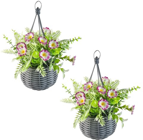 GOVIRAYE Artificial Hanging Flower Basket Set of 2, Faux Spring Summer Hanging Plants with Pot, Realistic Outdoor Hanging Flowers for Garden, Balcony, Porch & Indoor Decor