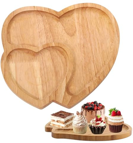 Sbyhbhyds Heart Shaped Plates Wooden Serving Tray,Valentine's Day Cheese Platter Salad Dinner Cake Plate,Decorative Cutting Board for Snack Candy Food Fruit,2 Compartment Wedding Romantic Decor