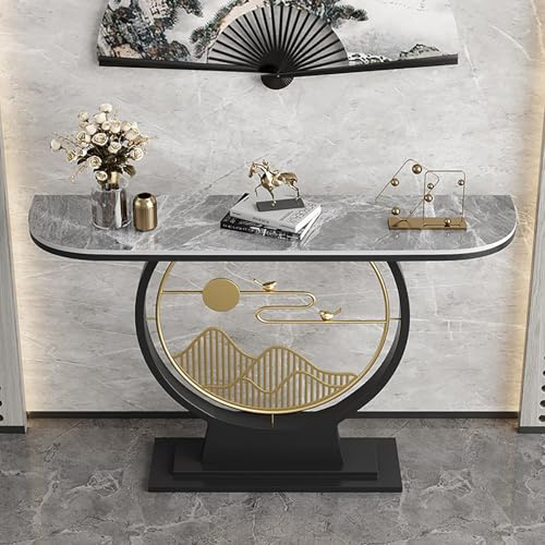 Nordivo Consolle in Pietra Sinterizzata dal Design Unico, Tavolo da Ingresso Moderno e Stretto, Consolle a Mezzaluna per Dietro il Divano, Base Decorativa in Acciaio al Carbonio(Black D,L130cm/51in)