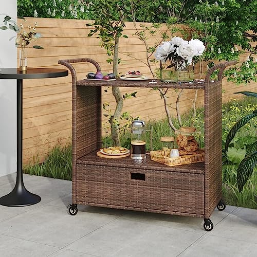 Bendmaxx Barwagen mit Schublade Braun aus Poly Rattan, 100 x 45 x 97 cm, mit Rollen und Feststellfunktion, Servierwagen für Küche, Esszimmer und Wohnzimmer, Robustes Stauraum Design für Ordnung